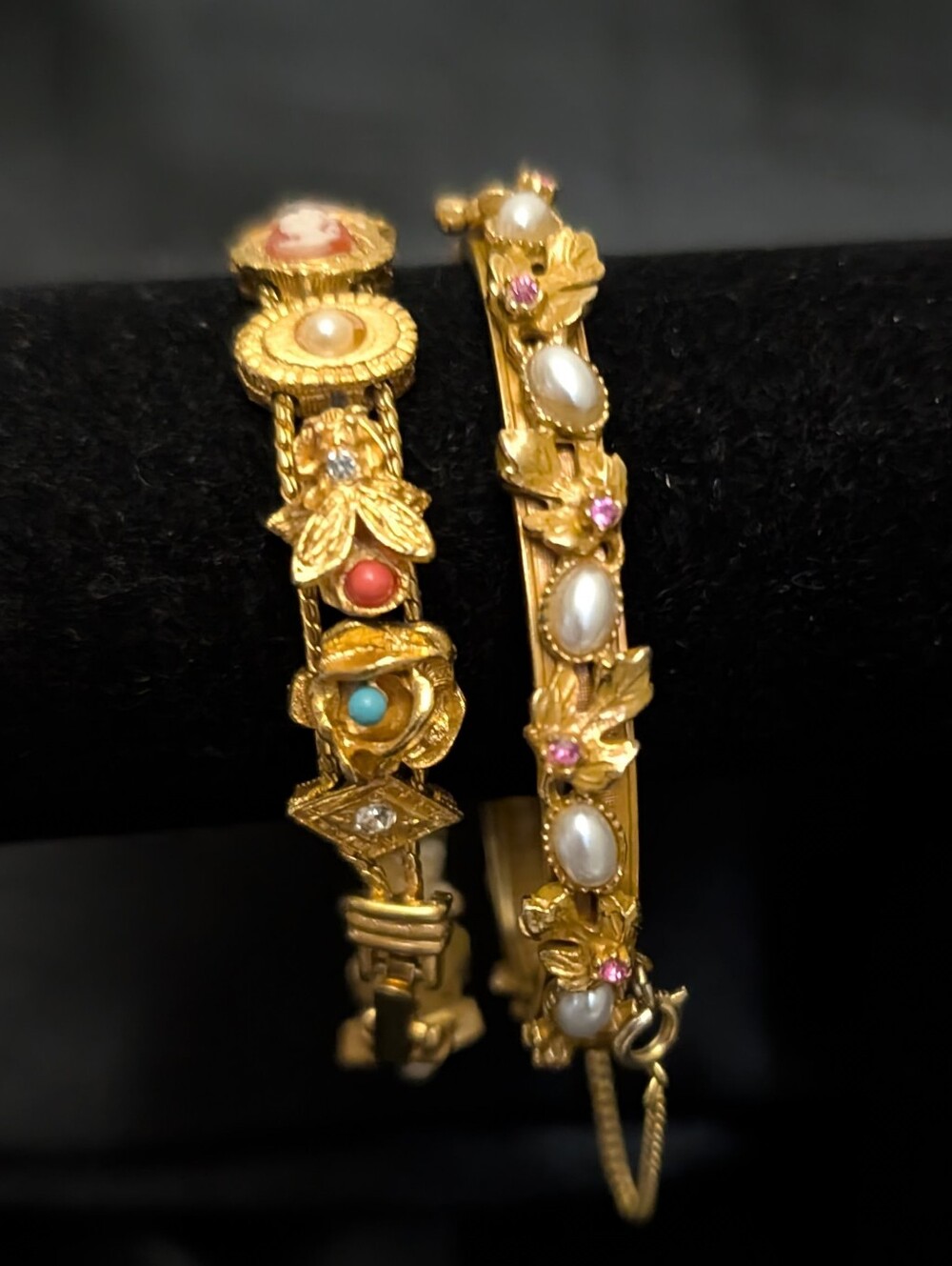 #65.Vintage Made In Italy Bracelet Set . Charm & Pearl & Crystals Gold Bracelets